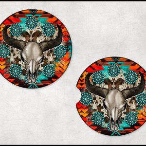 Western Aztec Bull Design Neoprene Cork Back Car Drink Coaster Accessories